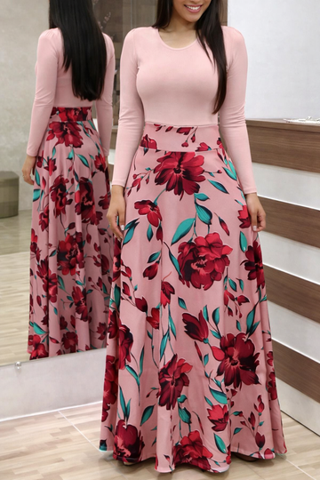 Autumn Floral Color Block Maxi Dress