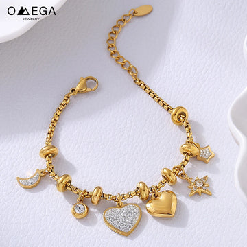 18K Gold Plated Heart Charm Bracelet (316L Stainless Steel)