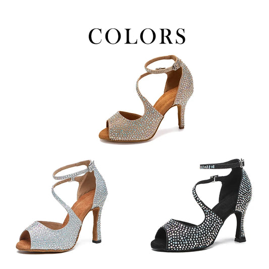 DKZSYIM Rhinestone Latin Dance Heels