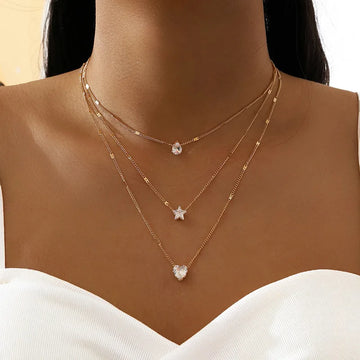 Crystal Heart & Star Layered Necklace Set