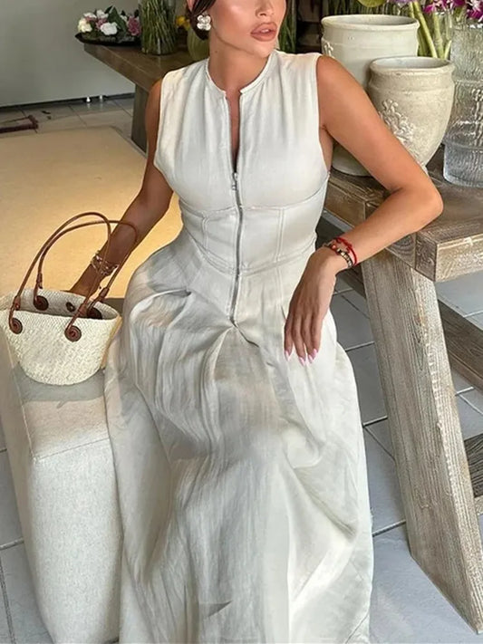 Elegant Sleeveless Pleated Midi Dress with Zipper