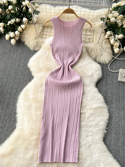 SINGREINY Knit Pleated Bodycon Maxi Dress