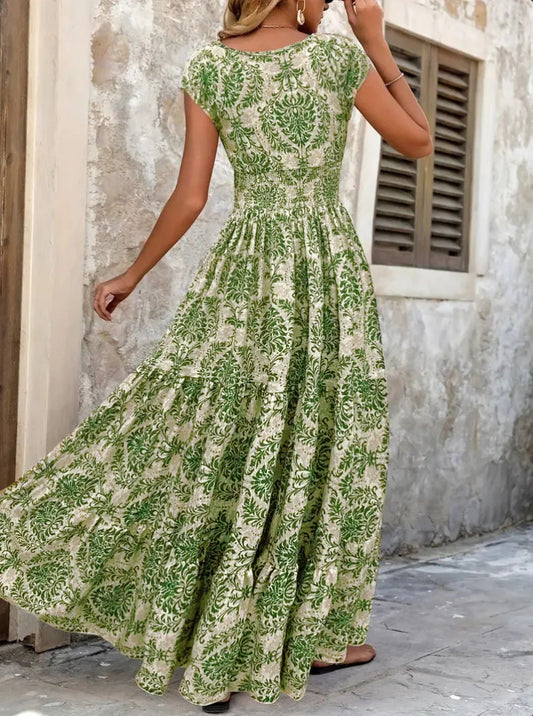 Vintage Printed V-Neck Short Sleeve Maxi Dress
