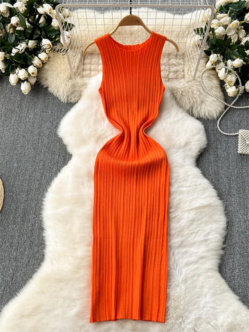 SINGREINY Knit Pleated Bodycon Maxi Dress